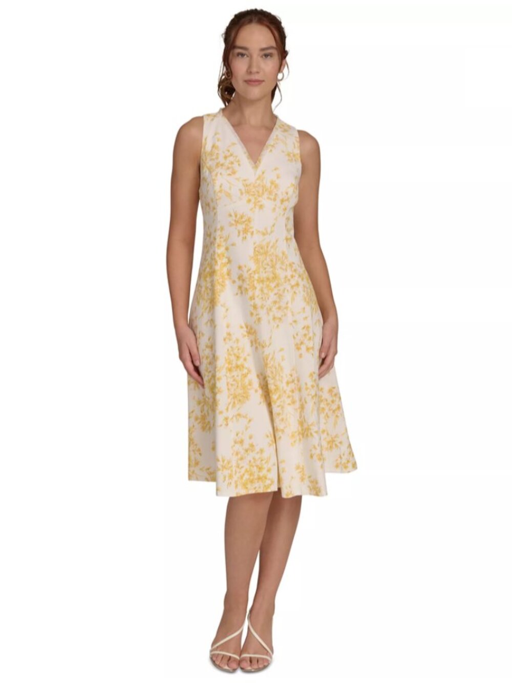 Tommy Hilfiger Floral Dress 6 Sleeveless Yellow A-Line Knee Length Midi V-Neck